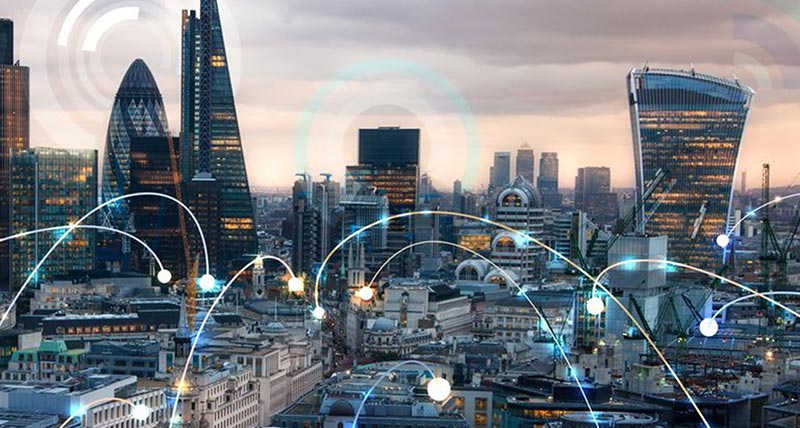 City of London skyline with lines indicating cloud connectivity